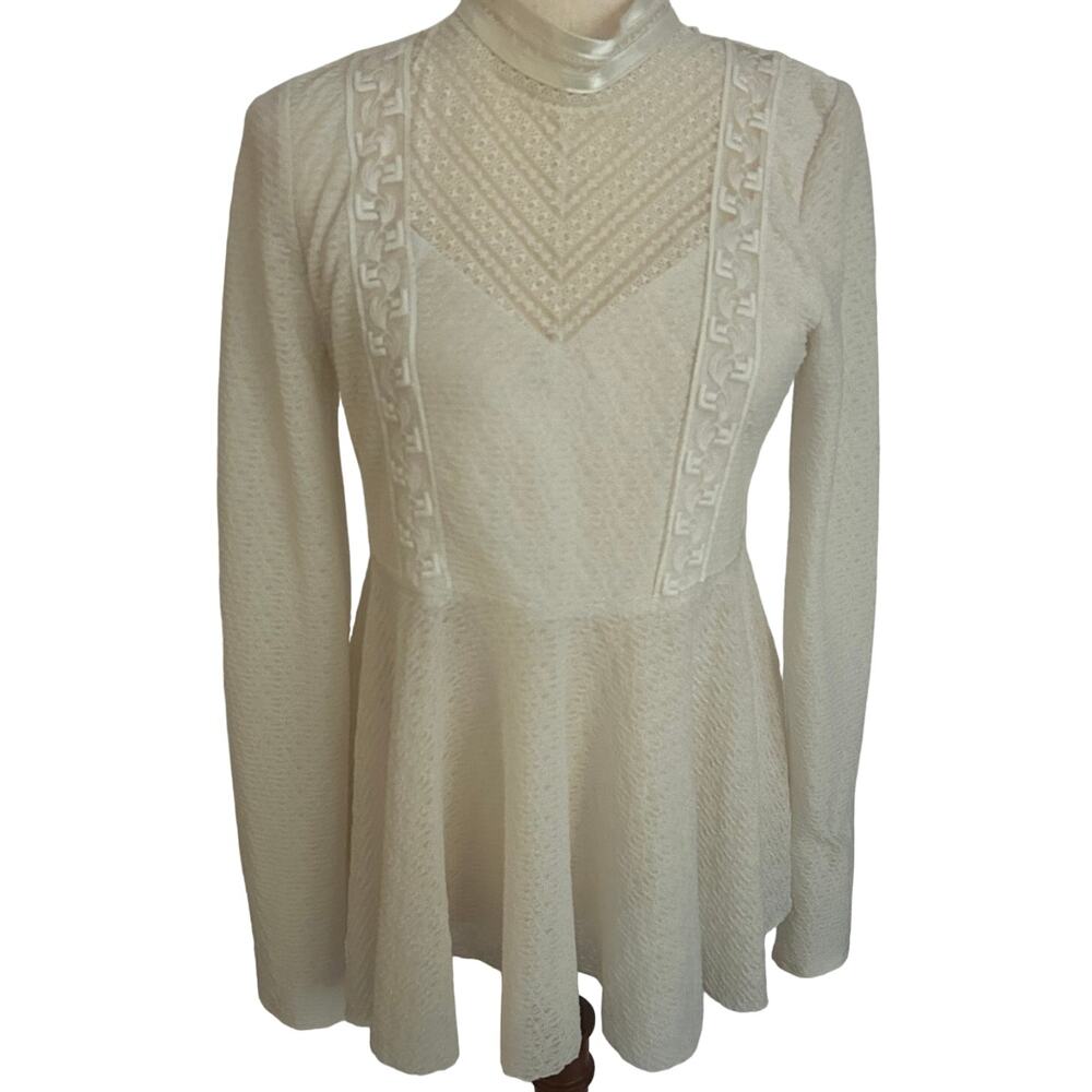 Free People Cream Lace High Neck Ribbon Blouse Sz Large